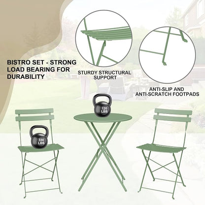 Bistro Table and Chairs Set of 4, 5 Piece Outdoor/Indoor Folding Patio Bistro Sets, 4 Chair Patio Furniture Set with Table, Premium Frame Foldable Coffee Tables for Balcony, Yard, Garden, Green