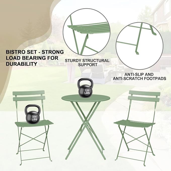 Bistro Table and Chairs Set of 2, 3 Piece Outdoor/Indoor Folding Patio Bistro Sets, 2 Chair Patio Furniture Set with Table, Premium Frame Foldable Coffee Tables for Balcony, Yard, Garden, Green