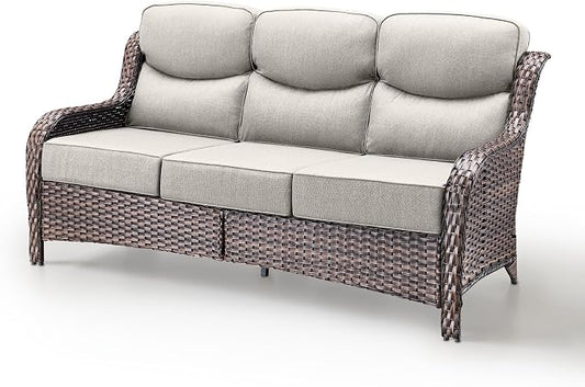 Luxury Patio Sofa 3-Seat Wicker Couch with 6" Thick Cushion - Outdoor Furniture Rattan Sofa with Deep Seating High Back Outdoor Sofa for Patio Garden Balcony Sunroom Backyard, Brown | Beige
