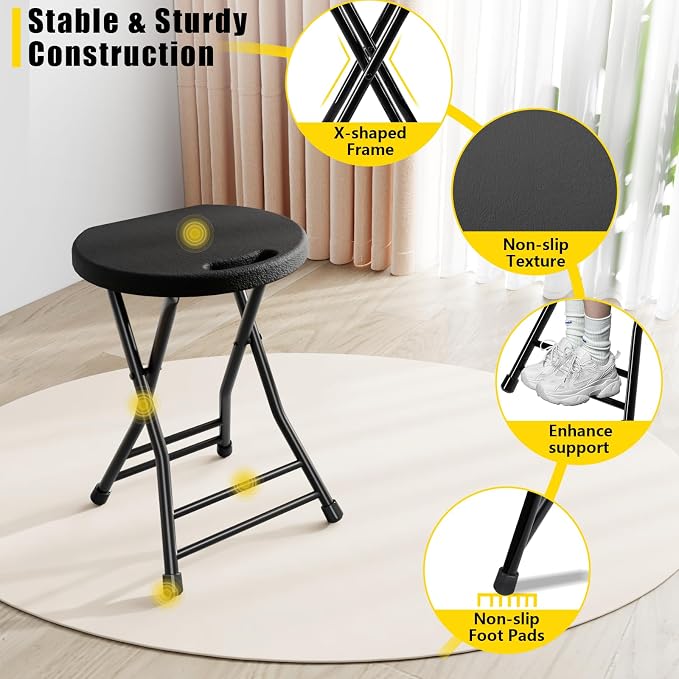 Folding Stool, 18 Inch Foldable Stool with Handle & Steel Frame, Pack of 10 Folding Bar Stools, 440lbs Sturdy Foldable Lightweight Metal Chair for Camping, Indoor and Outdoor, Black