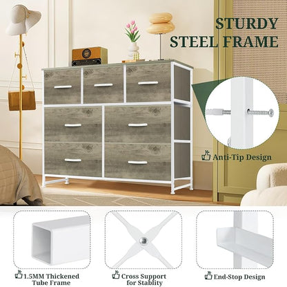 7-Drawer Dresser for Bedroom, Anti-Tip Wide Storage Organizer Fabric Chest of Drawers TV Stand for 45" TV with Wooden Top and Metal Frame for Closet, Living Room, Hallway, Entryway, Greige Oak