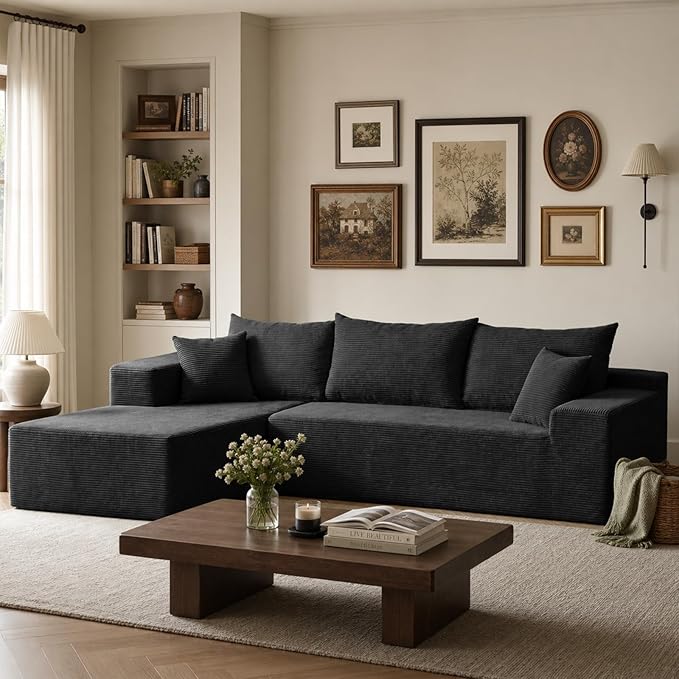 Boneless Couch, 102.4" Sectional Couches for Living Room with L Shape Sofa | Cloud Couch Sectional with Chaise, Modular Cloud Sofa with Deep Seat, No Assembly, Black, Corduroy, Left Chaise