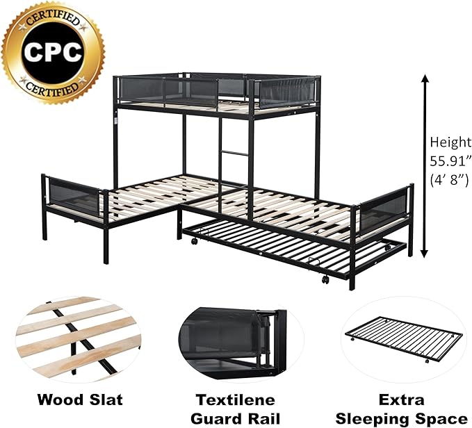 Livavege L-Shape Triple Bunk Bed with Trundle for 4 Kids/Teens/Adults, Metal Bunk Bed Twin Over Twin with Textilene Guardrail, Wood Slats, Low Bunkbed Frame for Dorm, Bedroom, Guest Room