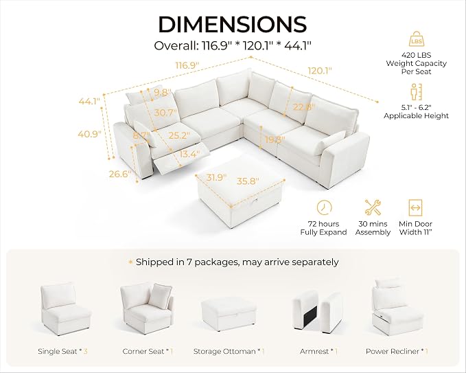 Oversized Modular Sectional Sofa with Power Recliner, Plush Cloud Couch with Headrest, Convertible Deep L-Shaped 6 Seater with Corner and Storage Ottoman, Chenille, White