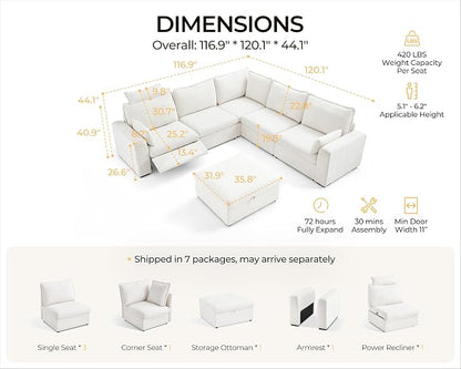 Oversized Modular Sectional Sofa with Power Recliner, Plush Cloud Couch with Headrest, Convertible Deep L-Shaped 6 Seater with Corner and Storage Ottoman, Chenille, White