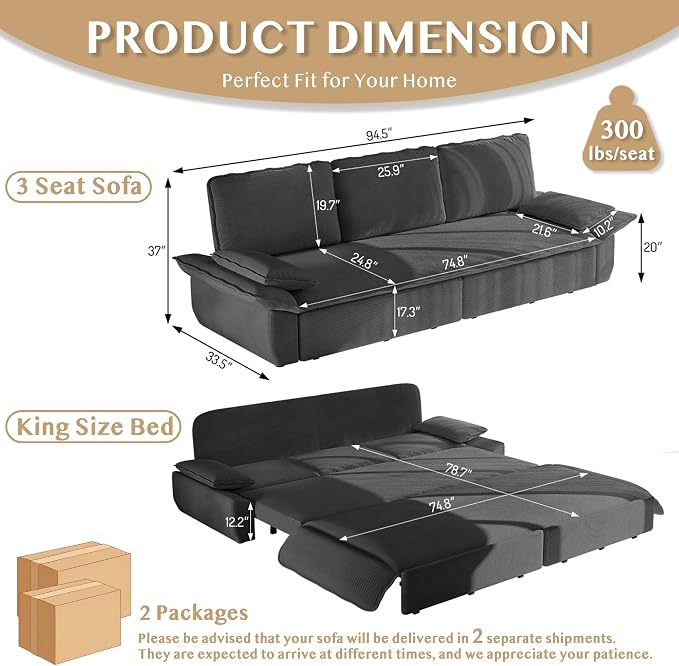 94.5'' Sleeper Sofa Bed King Size, Modern Corduroy Pull Out Couch, 3-in-1 Convertible Futon Sofa, 3 Seater Couches, Cloud Recliner, Pillow Arm, for Living Room, Apartment, Offices, Dark Grey