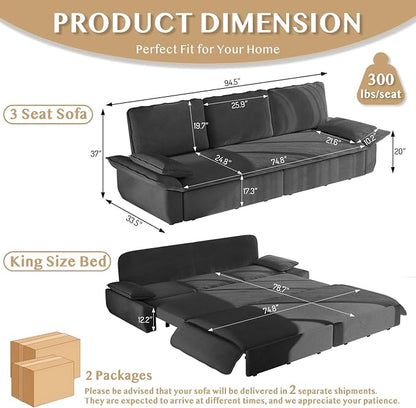 94.5'' Sleeper Sofa Bed King Size, Modern Corduroy Pull Out Couch, 3-in-1 Convertible Futon Sofa, 3 Seater Couches, Cloud Recliner, Pillow Arm, for Living Room, Apartment, Offices, Dark Grey