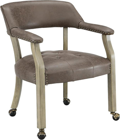 LEEMTORIG Dining Chairs with Casters and Arms, Upholstered Rolling Dining Chairs with Wheels for Elderly, Ergonomic Wide Seat Wooden Office Desk Chairs, 26"Dx25.2"W, Grey Legs & Dark Brown SY-1318-DK