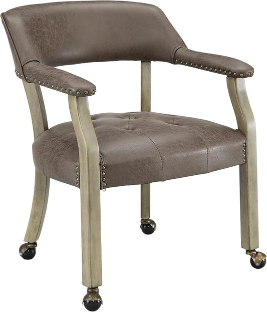 LEEMTORIG Dining Chairs with Casters and Arms, Upholstered Rolling Dining Chairs with Wheels for Elderly, Ergonomic Wide Seat Wooden Office Desk Chairs, 26"Dx25.2"W, Grey Legs & Dark Brown SY-1318-DK