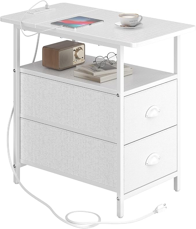 sthmec End Table with Charging Station, Narrow Side Table with 2 Drawers, Nightstands with Drawers, USB Ports & Power Oulets,Slim Sofa Side Tables for Small Spaces,Living Room,Bedroom, White