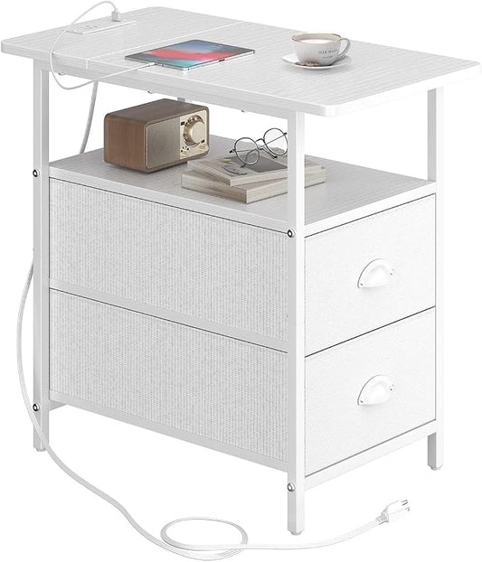 sthmec End Table with Charging Station, Narrow Side Table with 2 Drawers, Nightstands with Drawers, USB Ports & Power Oulets,Slim Sofa Side Tables for Small Spaces,Living Room,Bedroom, White