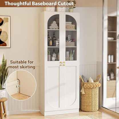 Cyclysio 80" Kitchen Pantry, Tall Arch Storage Cabinet with Tempered Glass & Soft Close Doors, Freestanding Wood Floor Cupboard Bookcase with Seamless Fit Wall for Dining Living Room, Bathroom (White)