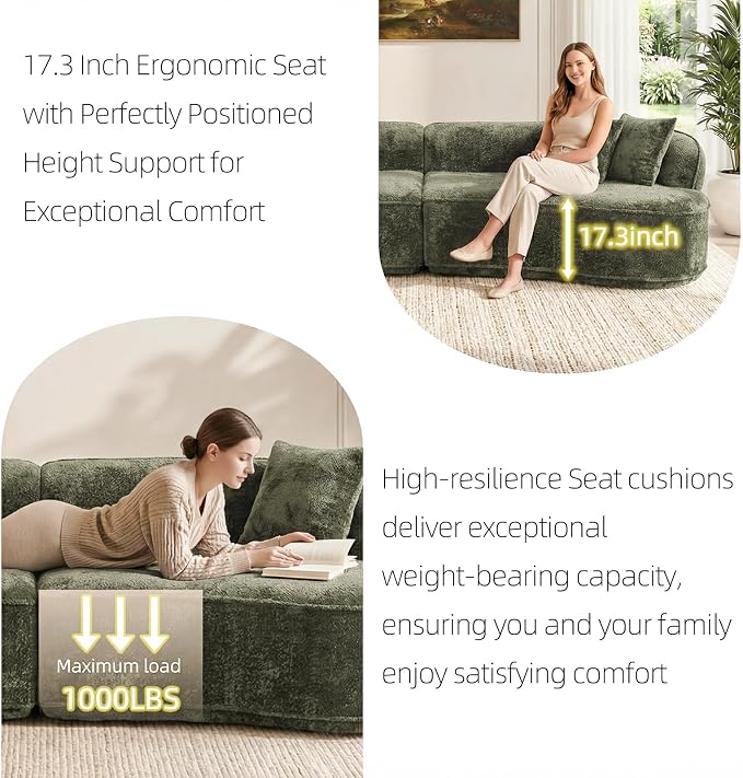 114" Curved Sectional Sofa Couch，4 Seater Oversized Boneless Cloud Couch with 4 Throw Pillows，Modern Round Couch Sofa，Comfy Deep Seat Chenille Memory Foam Sofa for Living Room (Green, 114.2 Inch)