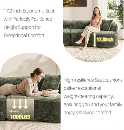 114" Curved Sectional Sofa Couch，4 Seater Oversized Boneless Cloud Couch with 4 Throw Pillows，Modern Round Couch Sofa，Comfy Deep Seat Chenille Memory Foam Sofa for Living Room (Green, 114.2 Inch)