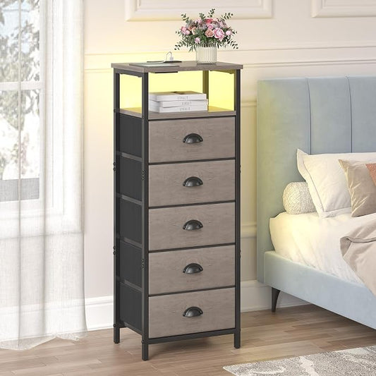 sthmec Nightstand with Charging Station,LED Grey Nightstand with 5 Fabric Drawers, Bedside End Tables, 2-Tier Open Storage Shelf Side Table Nightstand with Drawers for Bedroom, Grey
