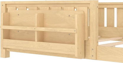 Bellemave Queen Size Floor Bed with Slats and Safety Guardrail, Queen Size Montessori Floor Bed with Fence and Built-in Bookshelf, Easy Assemble Montessori Beds for Girls, Boys, Light Natural