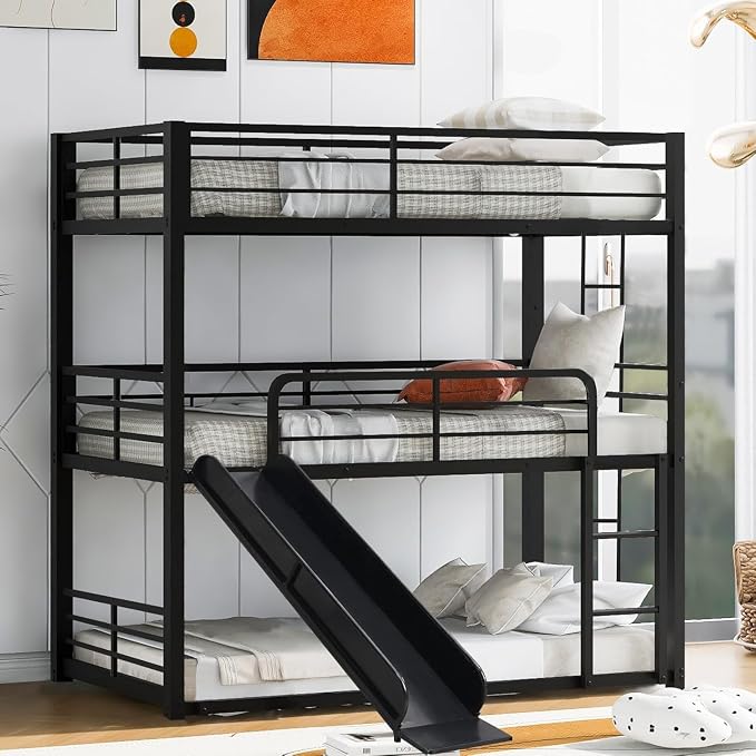 Triple Bunk Bed with Slide, Full Over Full Over Full Metal Bunk Bed with Guardrail and Ladder, Heavy Duty Triple Bed Frame for 3 Teenagers/Adults, No Box Spring Needed,Easy Assembly