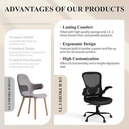 Flysky Mesh Office Chair, Ergonomic Computer Desk Chairs for Home Office - with Comfy/Comfortable Flip-up Arm Rests, Lumbar Support, Height Adjustable, 360 Degree Rolling Swivel (Black, 6 Pack)