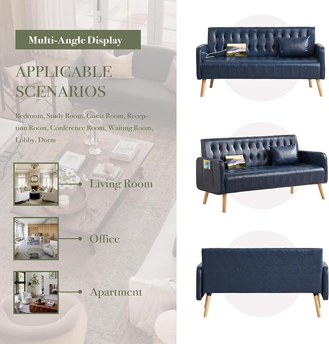 57” W Loveseat Sofa, Small Blue Faux Leather Couch w/USB Charging Ports & Pockets, Mid Century Modern Tufted Love Seat Couches, Mini Office Sofa Couch for Small Spaces, Bedroom, Apartment