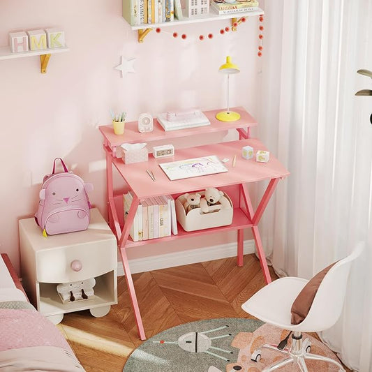 ODK Small Desk, 27.5 Inch Computer Desk for Small Spaces, Study Desk with Storage & Monitor Stand, Pink