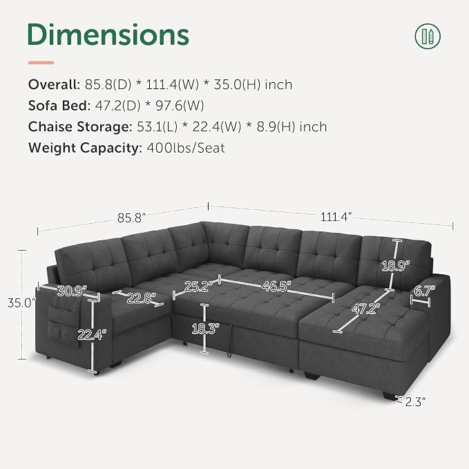 HONBAY Modular Sectional Sleeper Sofa with Pull Out Bed, U Shaped Sleeper Couches with Storage Chaise, 114'' Sleeper Sectional Sofas for Living Room, Apartment (Dark Grey)