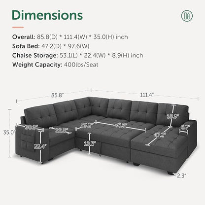 HONBAY Modular Sectional Sleeper Sofa with Pull Out Bed, U Shaped Sleeper Couches with Storage Chaise, 114'' Sleeper Sectional Sofas for Living Room, Apartment (Dark Grey)