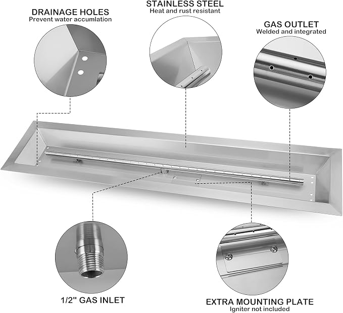 Stanbroil 48 x 6 Inch Linear Natural Gas Fire Pit Burner with Spark Ignition Kit, Stainless Steel Gas Fire Pit Kit Insert for DIY Fireplace, 91,000 BTU'S Max