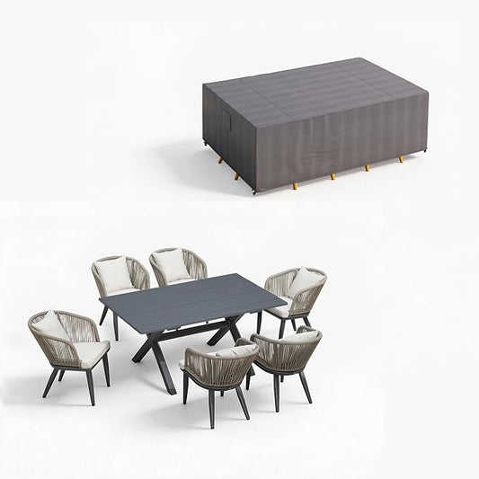 PURPLE LEAF 7 Pieces Patio Dining Set with Waterproof Furniture Cover Rectangular Table and Chairs Set for Garden Deck Aluminum Frame Backyard Kitchen Set, Cushions and Pillows Included Taupe