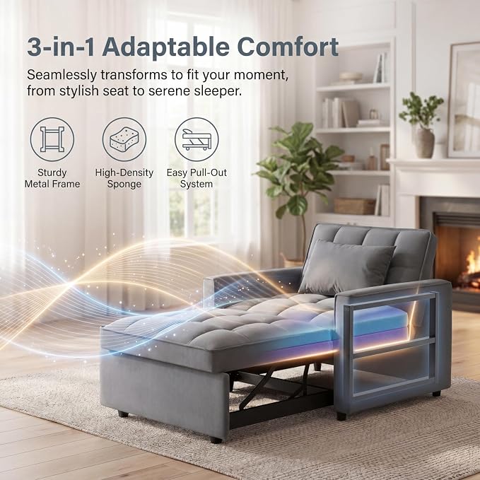 Sleeper Chair, Pull Out Chair Sleeper with Adjustable Back & Pocket, Convertible Chairs Bed Sleepers for Adults, 3 in 1 Sofa Bed Chairs for Small Spaces, Living Room, Gray