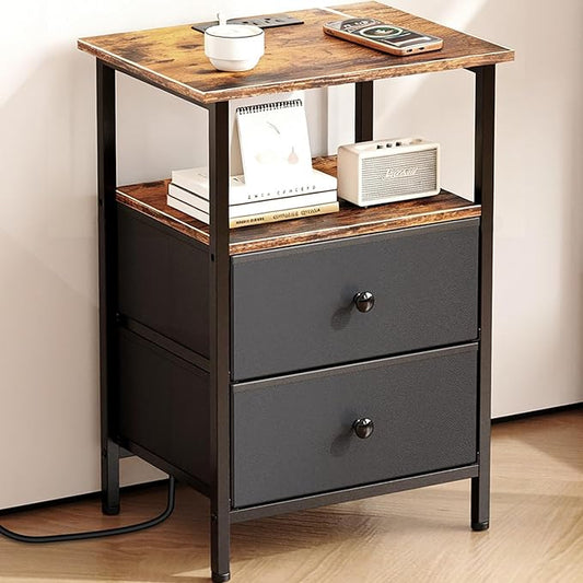 Nightstand with Charging Station, Bedside End Table with 2 Fabric Drawers for Bedroom, Side Table with USB Ports and Outlets (Brown Black)
