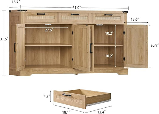 usikey 61” Large Buffet Cabinet with Storage, Sideboard Cabinet with 4 Doors and 3 Drawers, Farmhouse Buffet Table, Dining Room Storage Cabinet for Kitchen or Living Room, Natural