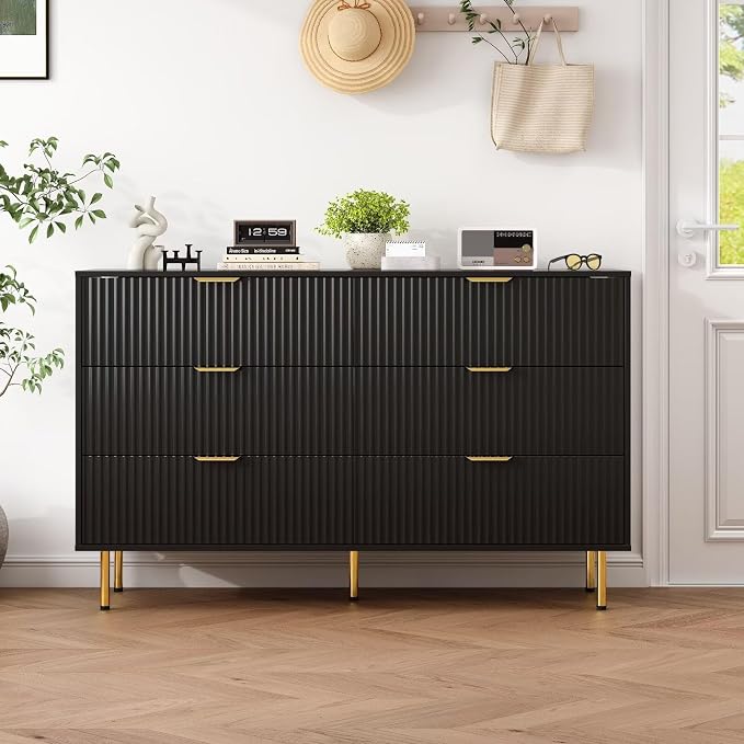 Fluted Black 6 Drawers Dresser for Bedroom, 56 inch Wide Chest of Drawer Dressers with Gold Handle, Modern Wooden Closet Clothes Storage Organizer Cabinet Table Dresser for Living Room