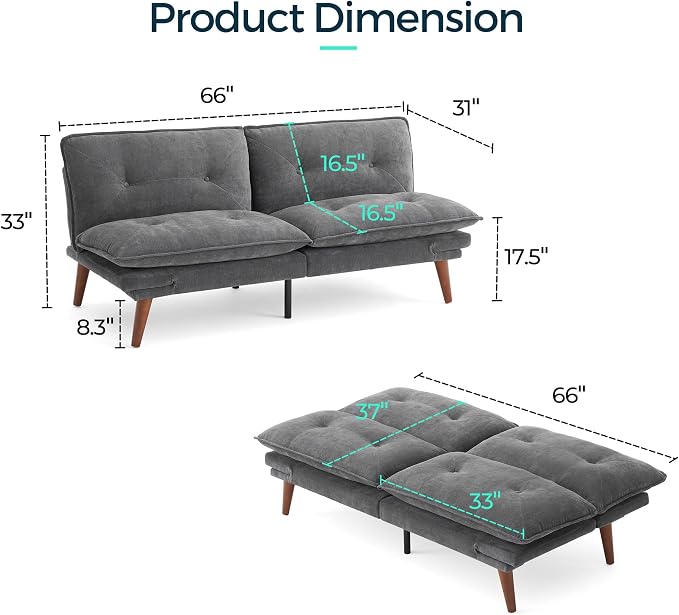 LINSY HOME Futon Sofa Bed, 70" Chenille Futon Couch with Adjustable Backrest Armrest, 3 in 1 Convertible Comfy Loveseat Sleeper Sofa Bed for Small Spaces Dorm Room Apartment Home Office(Dark Grey)