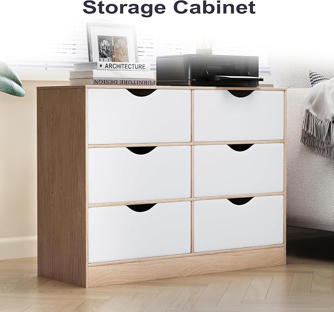 Housoul 6 Cube Bookcase, 6 Removable Fabric PU Drawers Open Bookshelf, 3 Tier Storage Organizer Wooden Book Shelf, Modern Floor Standing Display Bookshelf for Living Room, Entryway, Home Office, Oak