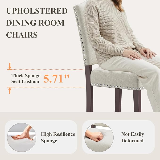 Upholstered Parsons Dining Chairs Set of 6, Modern Dining Room Chairs with Back, Fabric Kitchen Side Chairs with Wood Legs, Nailhead Trim for Dinner Farmhouse Restaurant, Beige