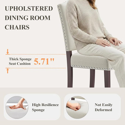 Upholstered Parsons Dining Chairs Set of 6, Modern Dining Room Chairs with Back, Fabric Kitchen Side Chairs with Wood Legs, Nailhead Trim for Dinner Farmhouse Restaurant, Beige