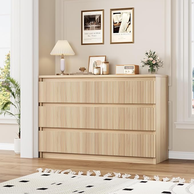 Jocoevol 6 Drawer Fluted Dresser, Modern Chest of Drawers for Bedroom with Hidden Handles, Wood Storage Organizer Cabinet for Living Room & Entryway, Natural Oak (15.7" D x 47.3" W x 31.6" H)