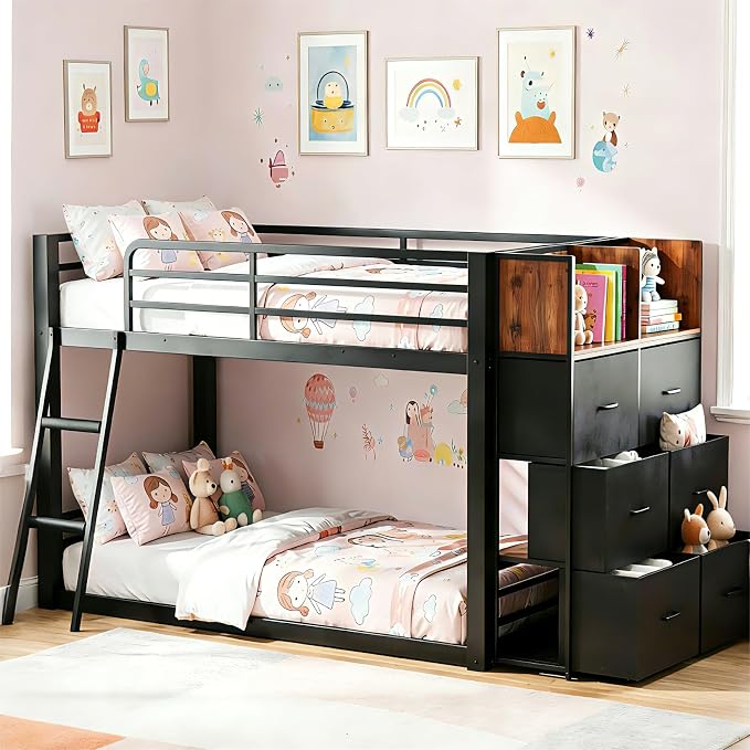 Mixcous Twin Over Twin Metal Loft Bed, Low Bunk Bed with Reversible Storage Dresser, Kids Teens Floor Bunk Bed with Drawers, Full-Length Guardrails, No Box Spring Needed, Black | 6 Drawers