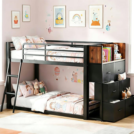Mixcous Twin Over Twin Metal Loft Bed, Low Bunk Bed with Reversible Storage Dresser, Kids Teens Floor Bunk Bed with Drawers, Full-Length Guardrails, No Box Spring Needed, Black | 6 Drawers