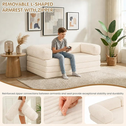 Convertible Sofa Bed King,5-in-1 Folding Boneless Couch Corduroy Futon Sofa Bed,Tri-Fold Mattress with Removable Armrests & Handle,Sleeper with Pull Out Bed for Small Space Living Room Bedroom