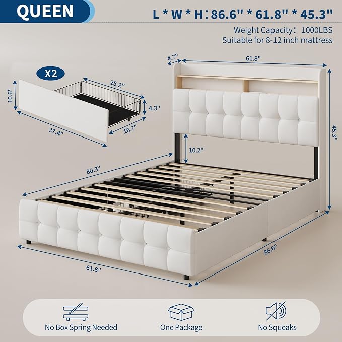 IDEALHOUSE Queen Size Upholstered Bed Frame Fabric with Storage Drawers and LED Lights, Headboard and Frame for Cozy Bedroom Sets Upgrades