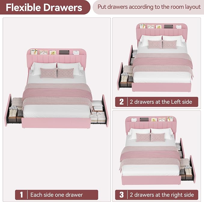 IDEALHOUSE Full Bed Frame with 2 Flexible Drawers and Bookcase Headboard, Boucle Upholstered Platform Bed for Girls, Noise-Free, Easy Assembly, No Box Spring Needed, Pink