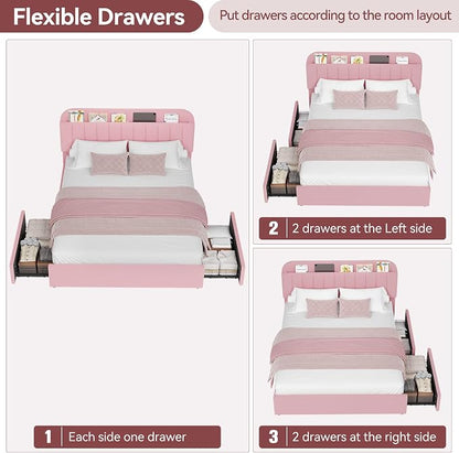 Garvee Queen Size Bed Frame with 2 Flexible Drawers, Boucle Upholstered Platform Bed Frame with Bookcase Headboard, Bedframe for Kids/Girls, Easy Assembly, No Box Spring Needed, Noise Free, Pink