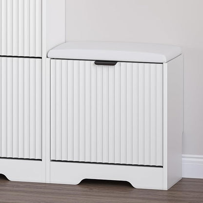BORNOON Slim Shoe Cabinet with Bench for Entryway, Hidden Storage and Adjustable Shelves, Free Standing Wooden Shoes Organizer for Foyer, Hallway