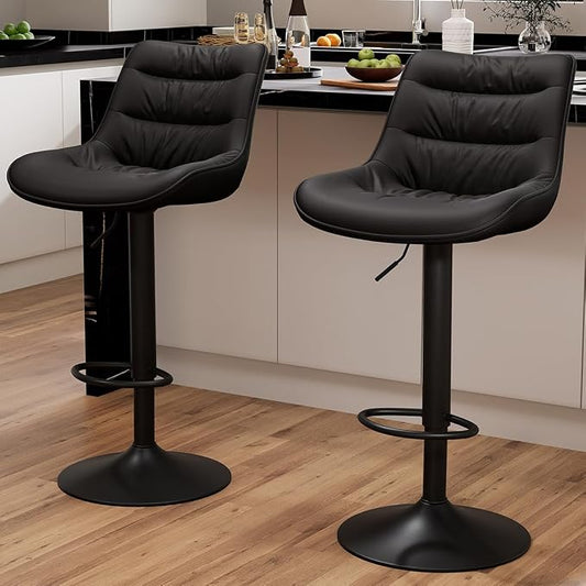 Kidol & Shellder Adjustable Bar Stools Set of 2, Faux Leather Counter Height BarStools with Back, Modern Mid Century Upholstered Bar stools for Kitchen Island Black