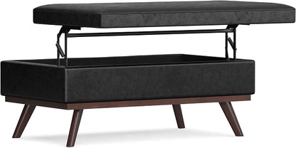 SIMPLIHOME Owen Lift Top Coffee Table Storage Ottoman - 42 inch Wide Upholstered Vegan Leather Rectangular Lift-Top Ottoman in Distressed Black, Mid-Century Modern Ottoman for Living Room