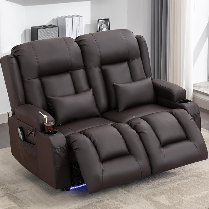 URRED Power Loveseat Recliner Sofa with Massage and Heat, Wall Hugger Reclining Loveseat, RV Couch Home Theater Seating with LED Lights for Living Room (Dark Brown, 54" - 2 Seats)