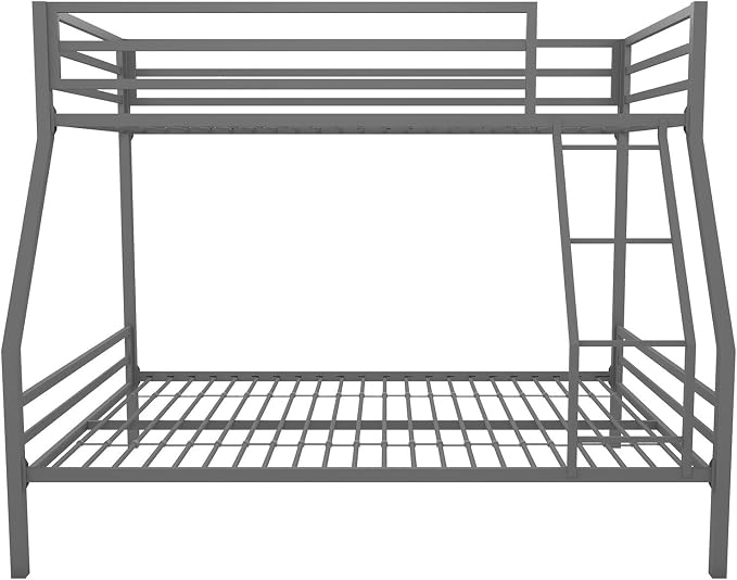 Novogratz Maxwell Metal Bunk Bed Frame for Kids and Teens, with Angled Ladder, High Guardrail and Metal Slats, No Boxspring Required, Underbed Storage Space, Twin-Over-Full, Gray