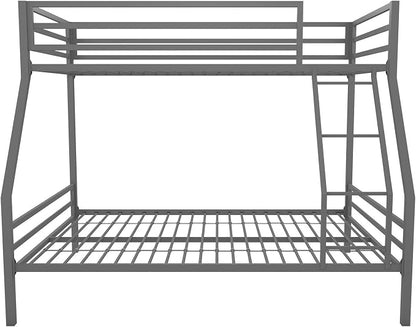 Novogratz Maxwell Metal Bunk Bed Frame for Kids and Teens, with Angled Ladder, High Guardrail and Metal Slats, No Boxspring Required, Underbed Storage Space, Twin-Over-Full, Gray