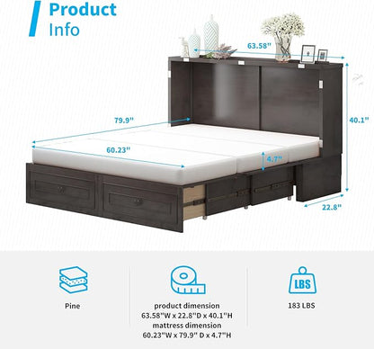 Mjkone Murphy Bed Cabinet, Queen Cabinet Wall Beds with Tri-Folding Mattress &USB Charging Station, Cabinets Beds w Storage Drawers for Guest Bedroom Apartment Home Office, Dark Grey